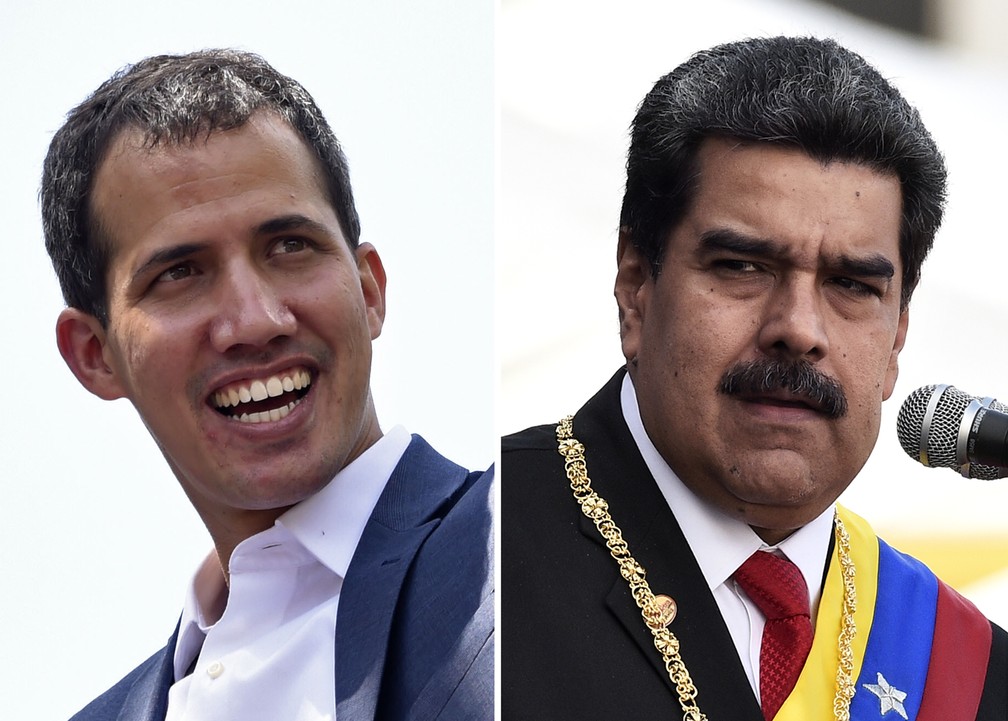 Montagem com imagens de Juan Guaidó e Nicolás Maduro, que vão ter encontros com Bachelet — Foto: STF / AFP