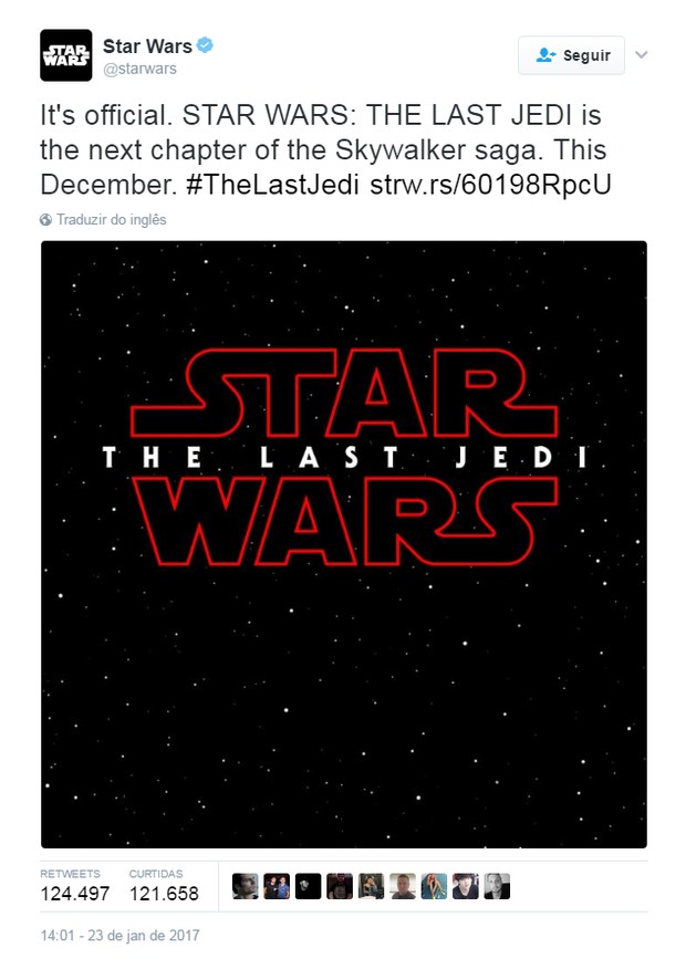 Título do no episódio VIII de Star Wars é confirmado (Foto: Reprodução/Twitter)