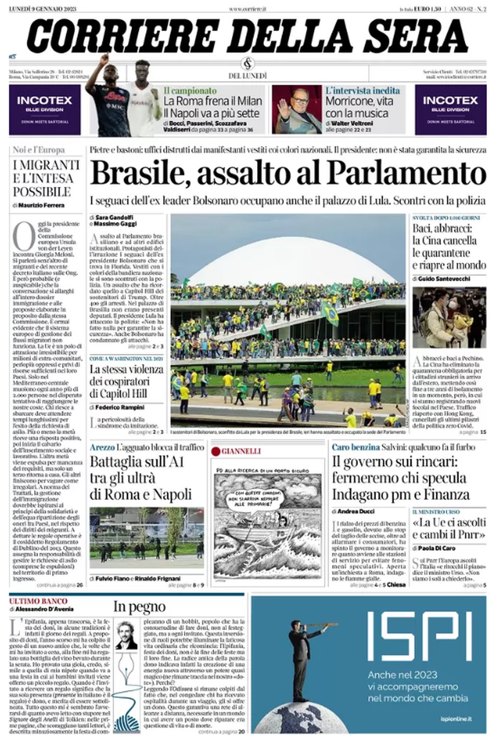 Capa do jornal Corriere Della Sera de 9 de janeiro de 2023.  — Foto: Reprodução 