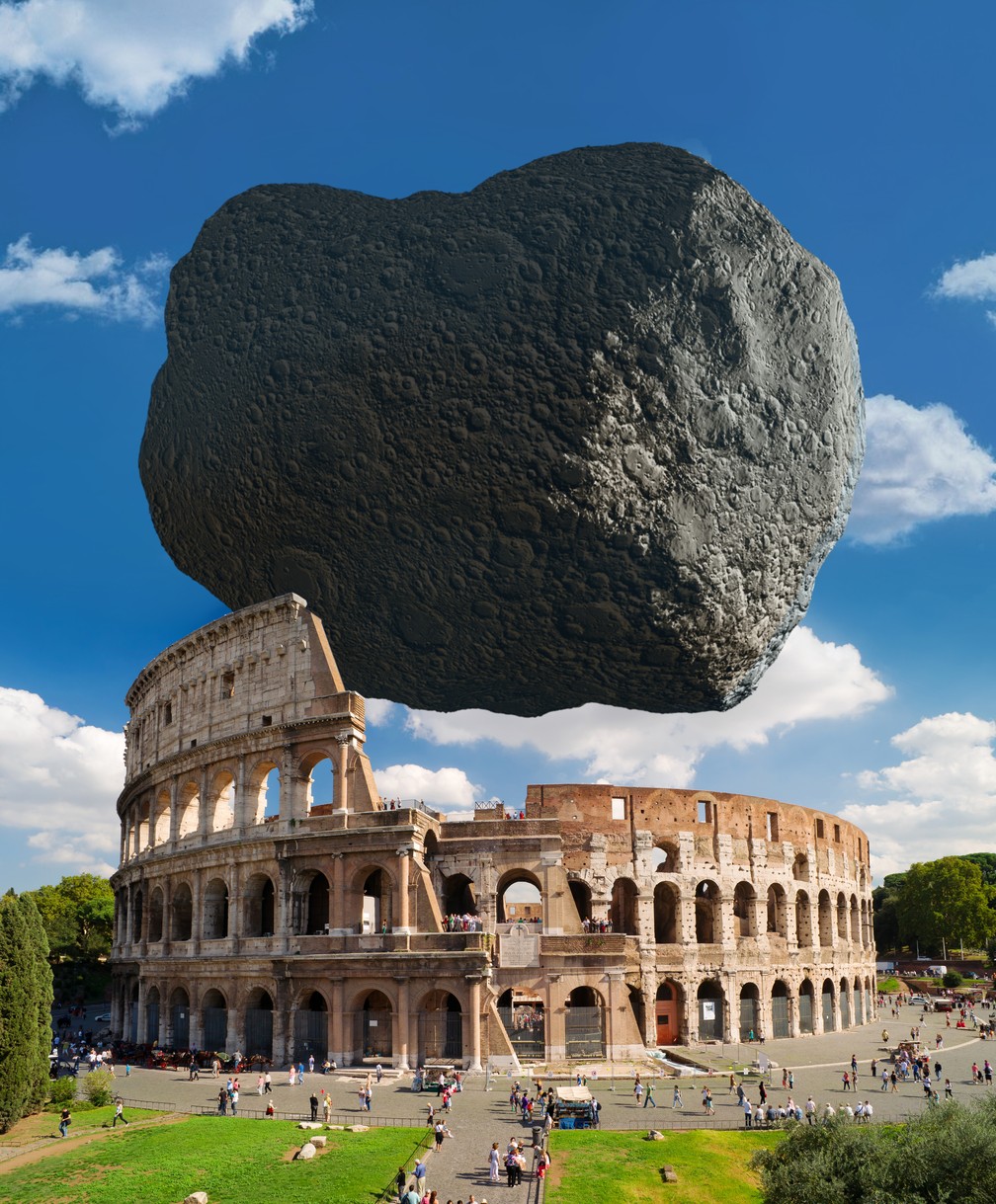Ilustração artística mostra comparação entre o asteroide Dimorphos e o Coliseu, em Roma. — Foto: ESA/Divulgação