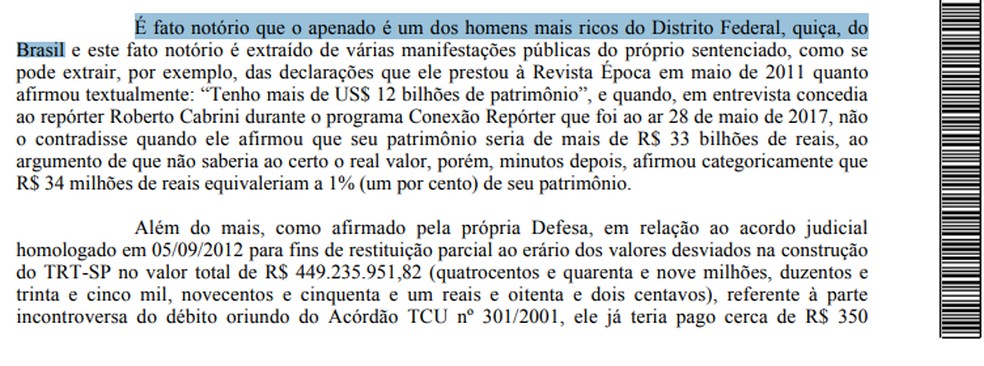 Trecho da decisão da juíza Leila Cury sobre parcelamento de multa de Luiz Estevão — Foto: TJDFT/Reprodução