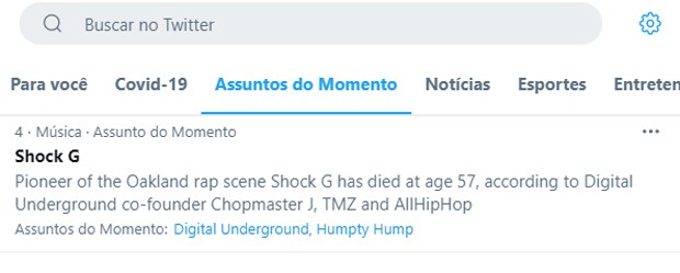 Morte de Shock G foi um dos assuntos mais comentados na web (Foto: Reprodução/Twitter)