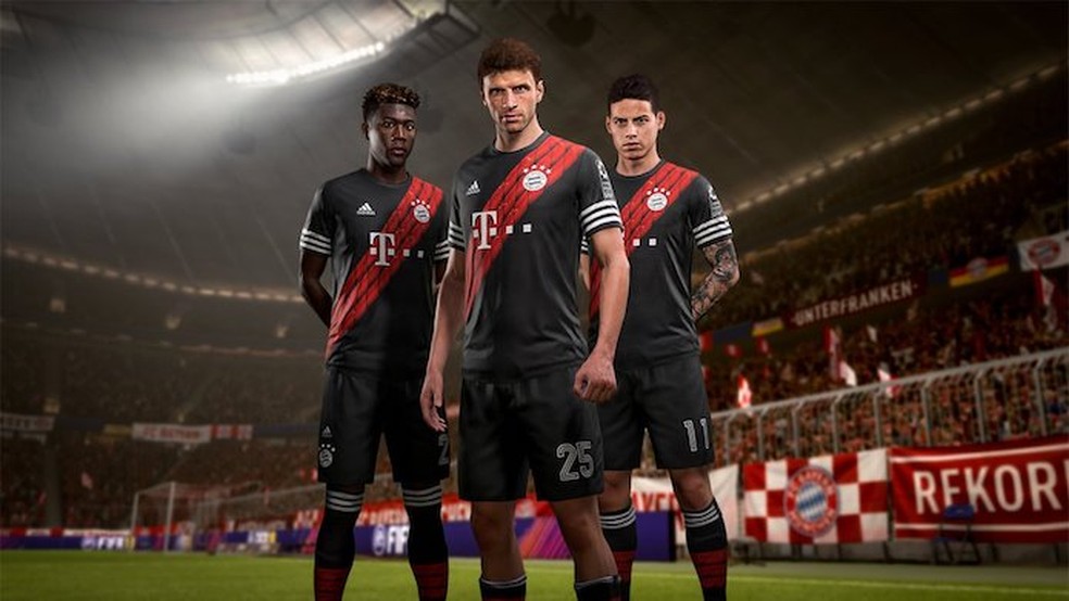Listas diagonais são o destaque do quarto uniforme do Bayern de Munique em FIFA 18 (Foto: Divulgação/EA Sports)