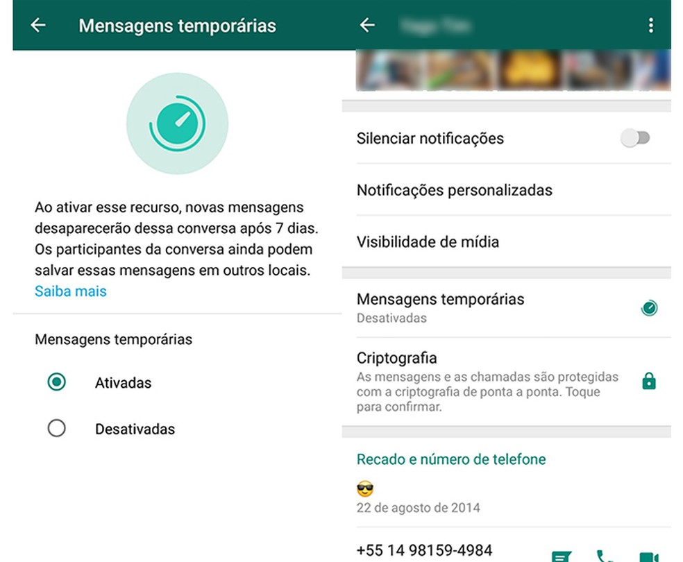 Ative as mensagens temporárias do WhatsApp em apenas dois toques  — Foto: Reprodução/Marcela Franco