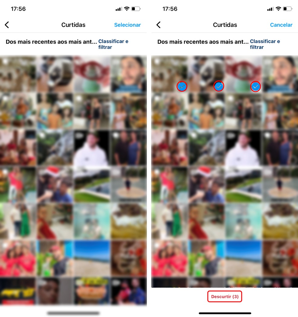 Instagram permite ver todas as fotos curtidas pelo perfil e ainda possibilita "descurtir" — Foto: Reprodução/Rodrigo Fernandes