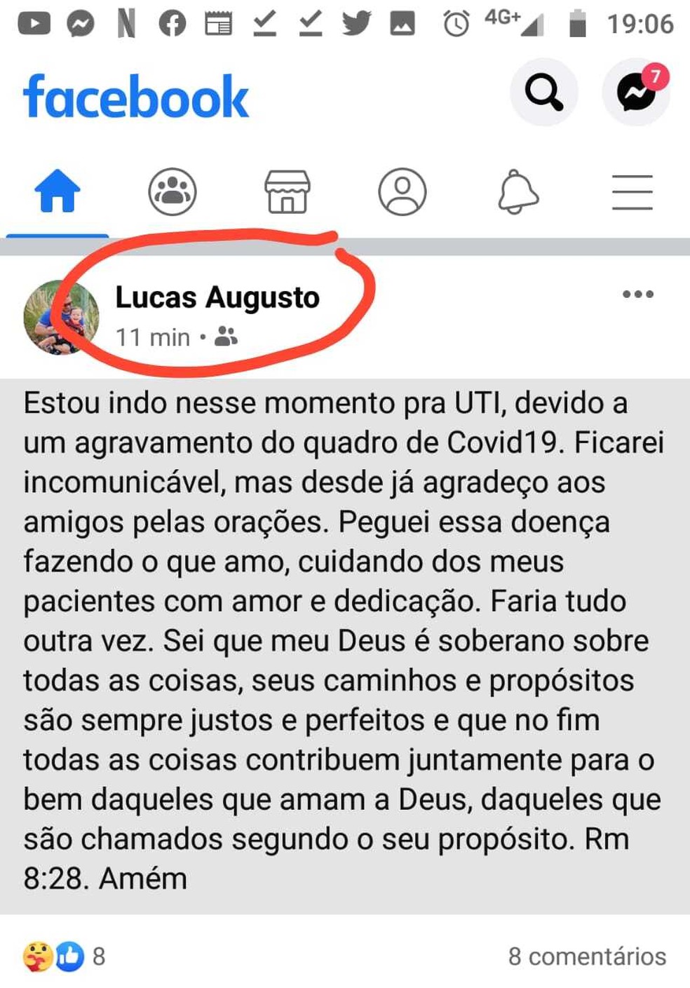 Médico Lucas Augusto desabafou em uma rede social antes de ser internado na UTI — Foto: Reprodução/Facebook 