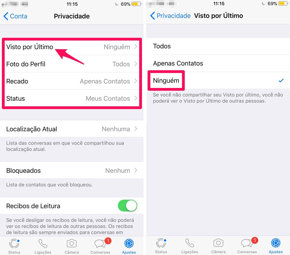 Configure como preferir as opções de "Privacidade" do WhatsApp para iPhone (Foto: Reprodução/Lucas Mendes)