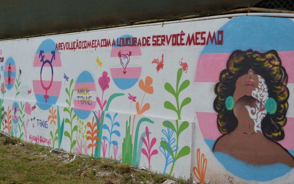 Muro do Creas da Diversidade do DF, grafitado por travestis e transexuais com mensagens de empoderamento (Foto: Secretaria de Trabalho e Direitos Humanos do DF/DivulgaÃ§Ã£o)