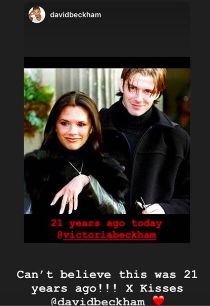 A foto de 1998 com a qual David Beckham celebrou 21 anos de seu noivado com Victoria Beckham (Foto: Instagram)