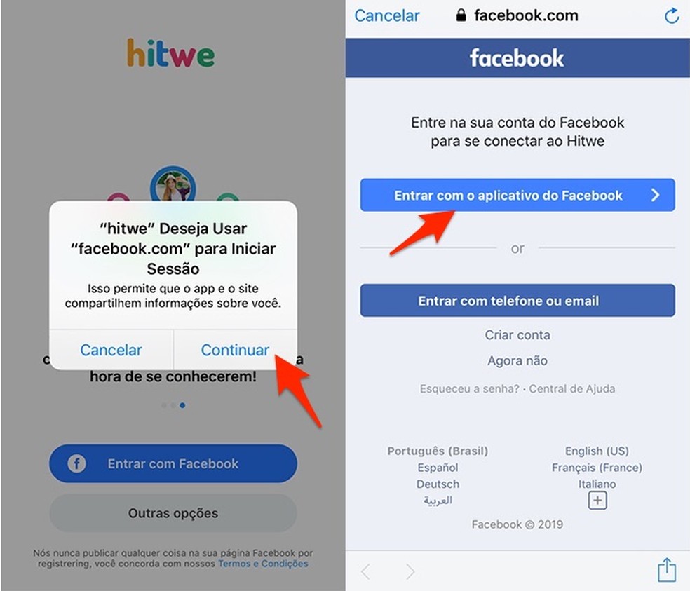 Ação para efetivar um novo cadastro de usuário no app HitWe usando uma conta do Facebook — Foto: Reprodução/Marvin Costa