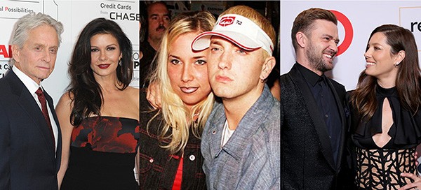 Catherine Zeta-Jones e Michael Douglas, Eminem e Kim Mathers, Justin Timberlake e Jessica Biel (Foto: Getty Images e Reprodução)