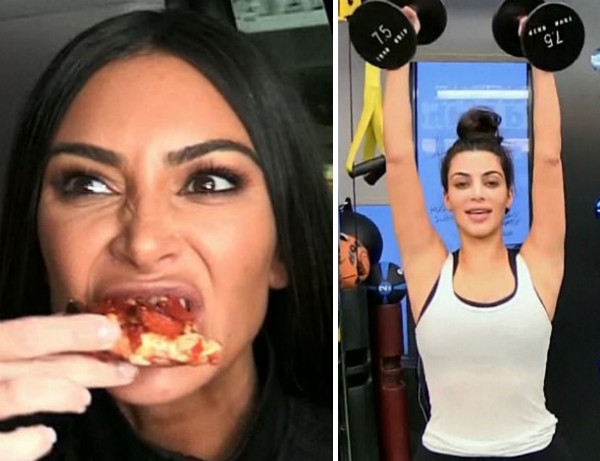 Kim Kardashian comendo seu último pedaço de pizza e já em uma rotina de exercícios físicos (Foto: Reprodução)