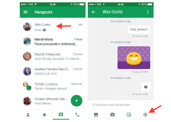 Iniciando o compartilhamento da localização do usuário do Hangouts para iPhone (Foto: Reprodução/Marvin Costa) Iniciando o compartilhamento da localização do usuário do Hangouts para iPhone (Foto: Reprodução/Marvin Costa)