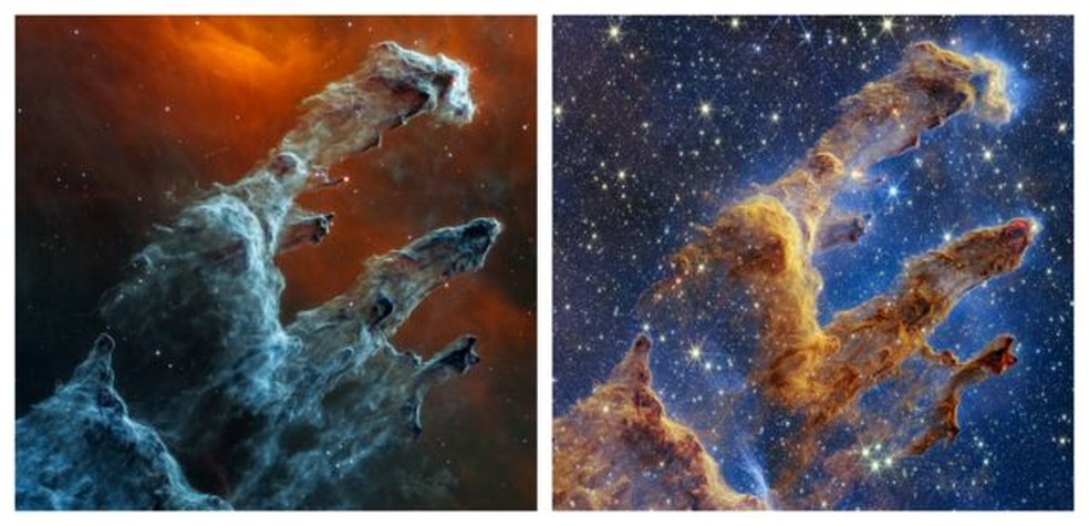 A Nebulosa da Águia, a 6,5 mil anos-luz da Terra, vista em infravermelho médio (primeira imagem) e infravermelho próximo (segunda imagem) — Foto: NASA/ESA/CSA/STSCI