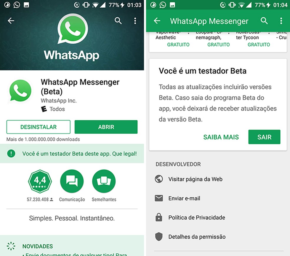 Usuário precisa baixar WhatsApp beta para ter acesso a atalhos (Foto: Reprodução/Elson de Souza)