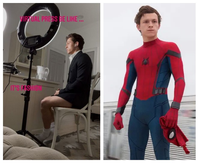 Intérprete do herói Homem-Aranha, o ator Tom Holland compartilhou foto de entrevista concedida por ele sem as calças (Foto: Instagram/Reprodução)