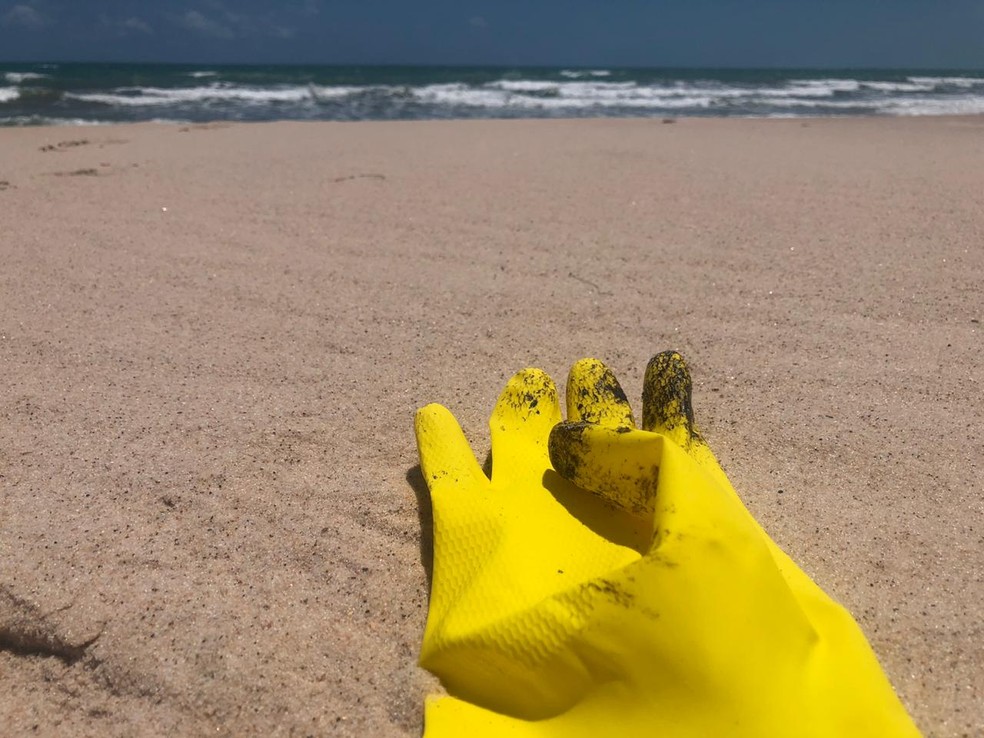 Luvas foram encontradas manchadas com óleo na praia de Canoa Quebrada — Foto: André Costa/SVM