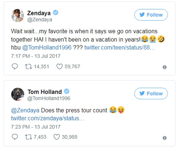 Tom Holland e Zendaya no Twitter (Foto: Reprodução/Twitter)