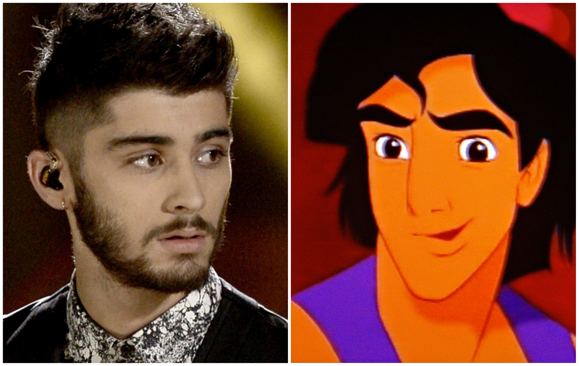 Filho de pai muçulmano, Zayn Malik, da boy band One Direction, lembra o primeiro herói de etnia árabe da Disney: 'Aladdin' (1992). (Foto: Getty Images e Divulgação)