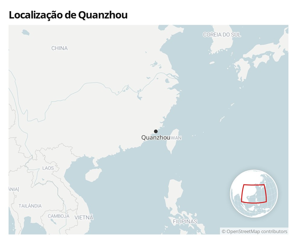 Mapa mostra a localização de Quanzhou, no sudeste da China — Foto:  G1