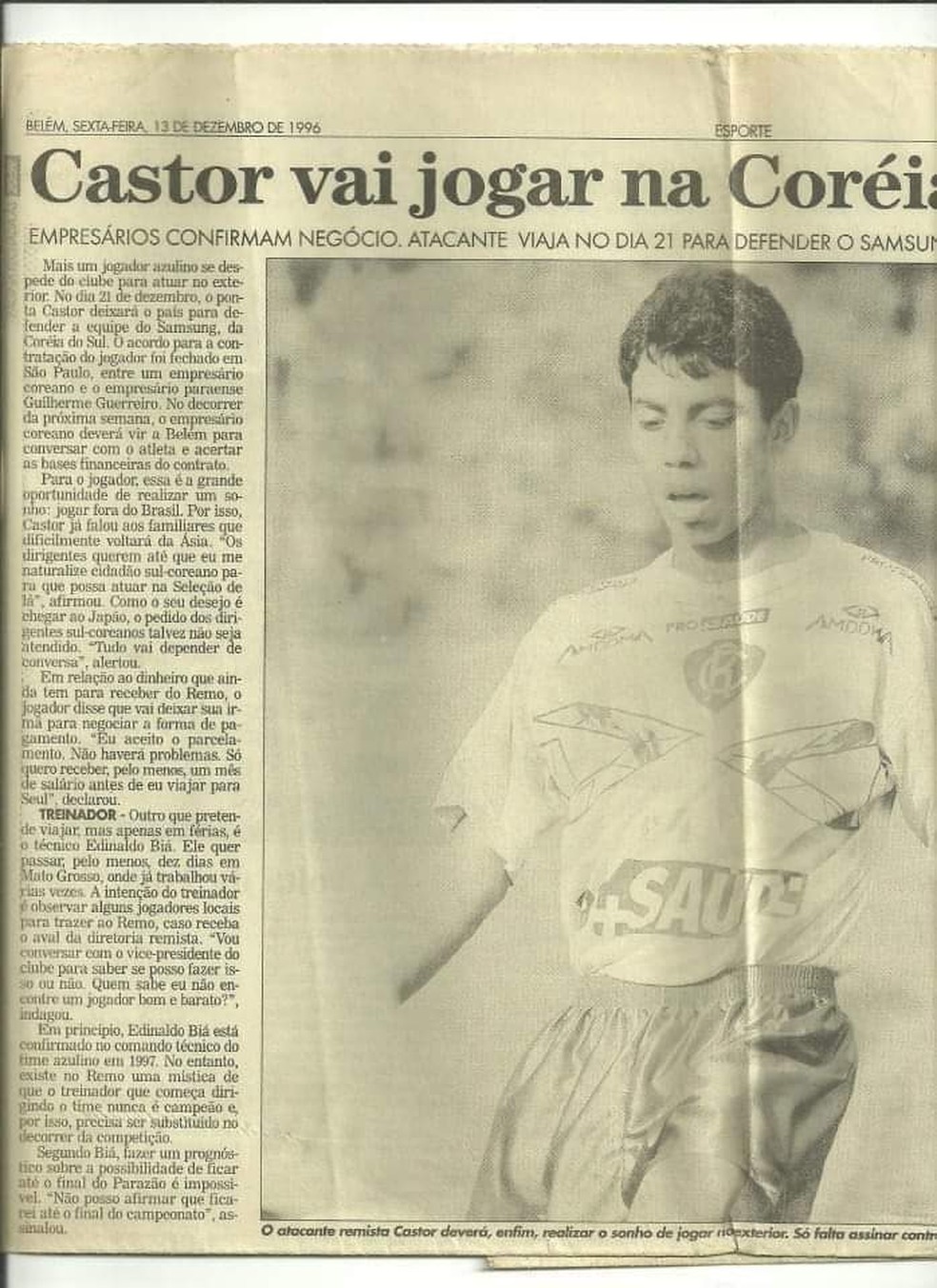 Jornal de 1996 noticia a transferência de Castor para a Coreia do Sul — Foto: Reprodução