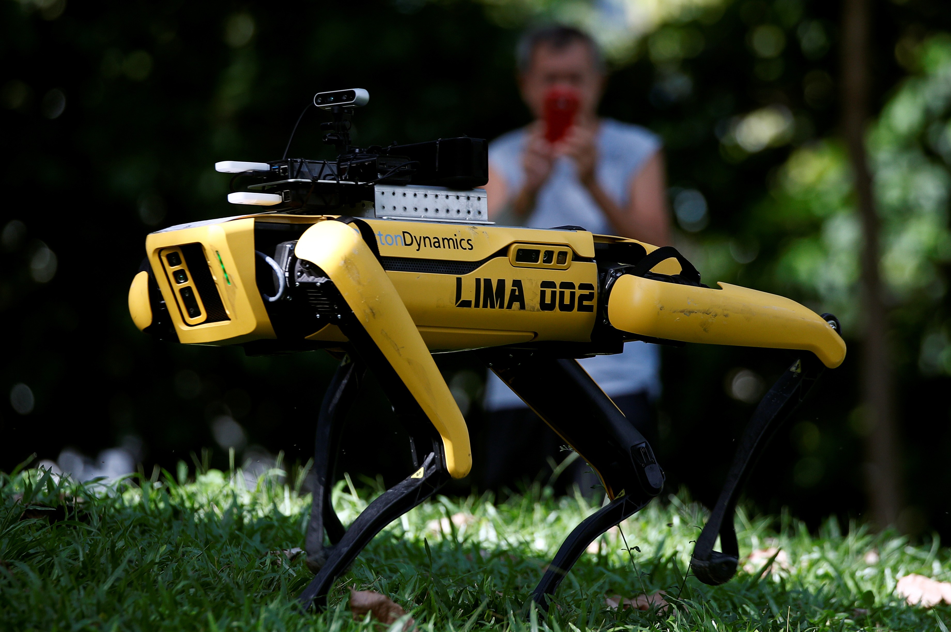 Cão robô reforça medidas de distanciamento social em parque de Singapura thumbnail