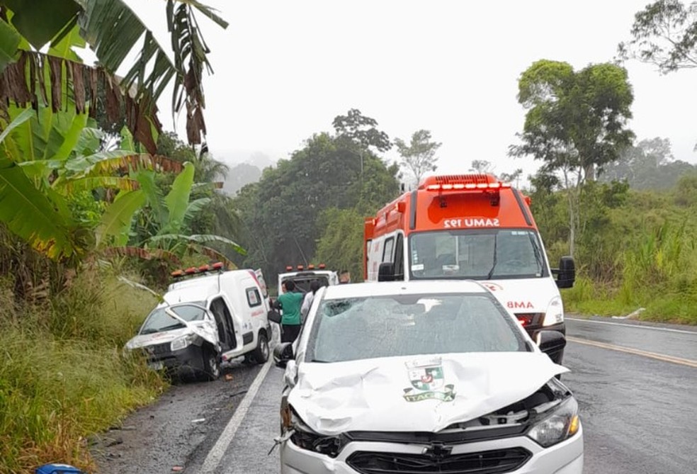 Servidores da Secretaria de Saúde de Ubatã morrem após ambulância bater em carro de passeio no sul da Bahia — Foto: Redes sociais
