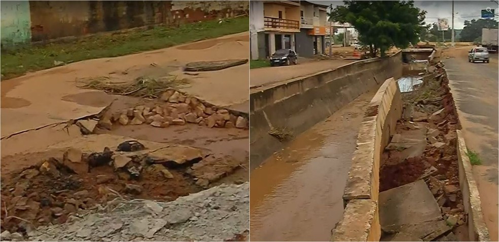 Asfalto e parede de canal cederam após enchentes durante chuva em Barbalha. — Foto: Reprodução