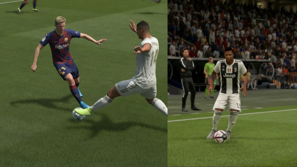 O gramado sofre desgaste em FIFA 20 (esquerda) e também em FIFA 19 (direita), mas é mais realista no novo jogo — Foto: Reprodução/TechTudo