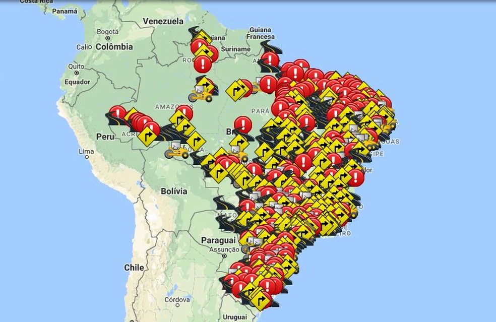 Mapa mostra onde ficam pontos críticos e outros principais problemas em rodovias brasileiras (Foto: Reprodução)