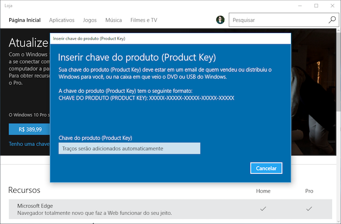 Entre com a chave do Windows 10 Pro (Foto: Reprodução/Helito Bijora) 