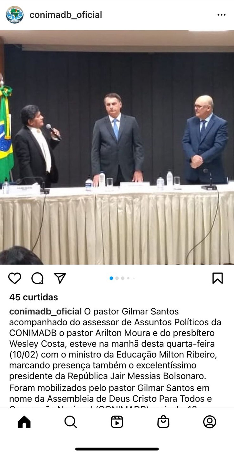 Conta do Instagram da Conimadb mostra Bolsonaro em evento com os pastores Gilmar Santos e Arilton Moura em fevereiro de 2021 — Foto: Reprodução/Instagram