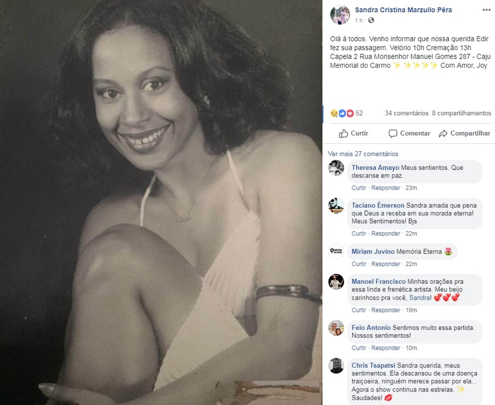 Sandra Pera fez postagem em homenagem à amiga  — Foto: Reprodução/Redes sociais