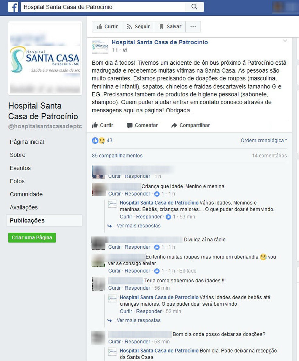 Hospital pede ajuda com doações para as vítimas internadas em Patrocínio (Foto: Reprodução/Facebook) Hospital pede ajuda com doações para as vítimas internadas em Patrocínio (Foto: Reprodução/Facebook)