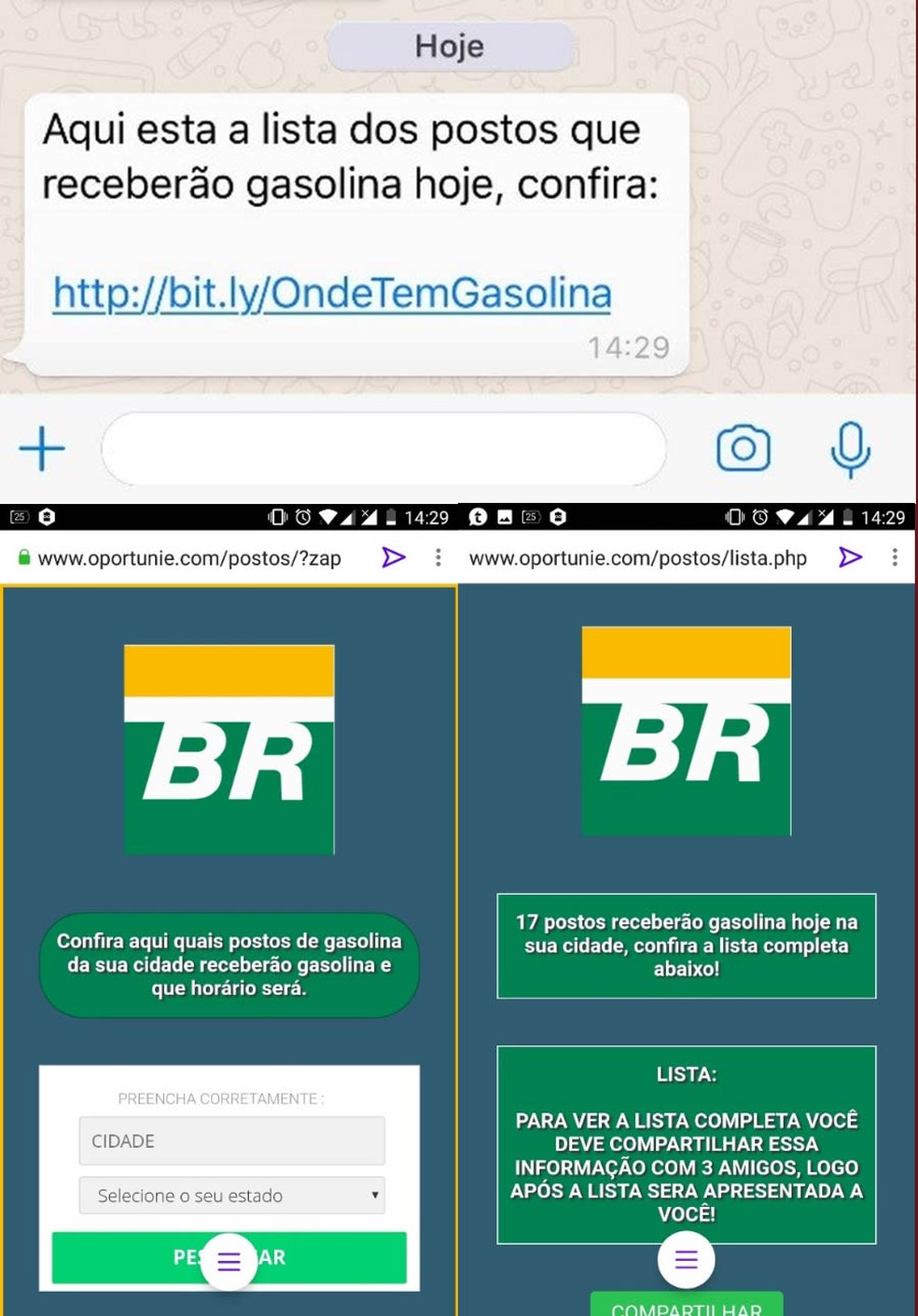 FraudePetroKL; Legenda: Mensagem no WhatsApp e site falso sobre abastecimento de postos de gasolina (Foto: Reprodução/Kaspersky Lab)