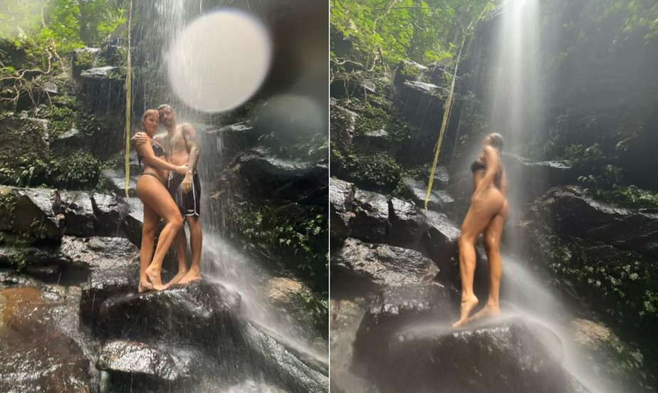 Cintia Dicker e Pedro Scooby em cachoeira