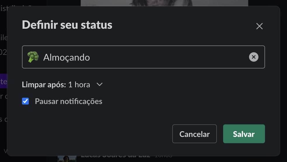 Slack deixa escolher status, emoji e período de pausa das notificações — Foto: Reprodução