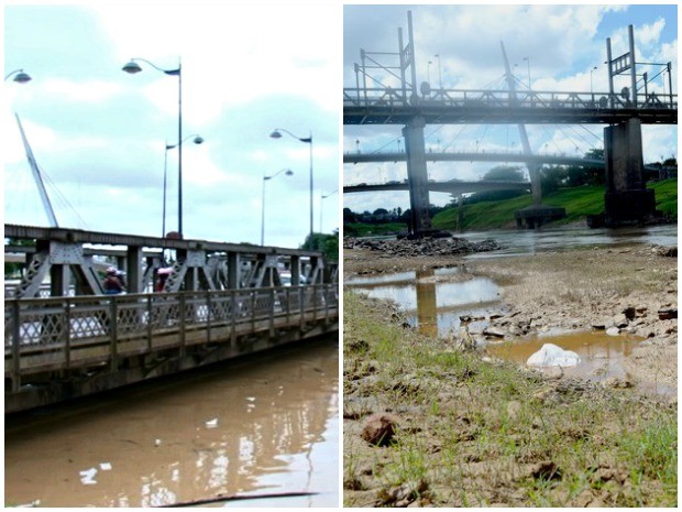  Na foto, tirada no domingo (1), a Ponte Juscelino Kubitschek quase submersa. A foto à direita, tirada em 21 de julho de 2013, mostra uma das menores cotas que o Rio Acre já teve, 2,57 metros. (Foto: Reprodução TV Acre e Rayssa Natani)