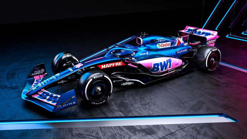 A522, carro da Alpine para a F1 2022; pintura azul será utilizada da terceira até a 23ª corrida do ano — Foto: Divulgação