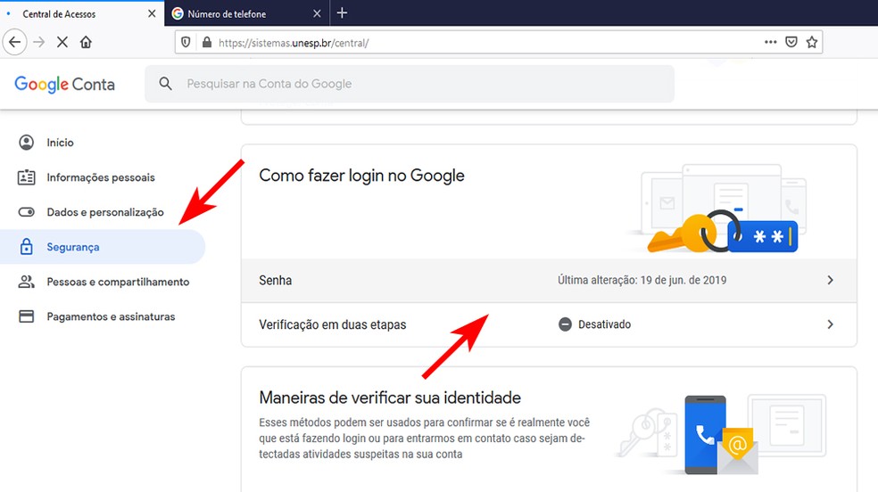 Como alterar a senha da conta Google? Vá até o painel de "Segurança" — Foto: Reprodução/Marcela Franco