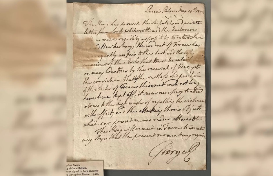 Carta escrita pelo rei inglês George III (Foto: Divulgação)