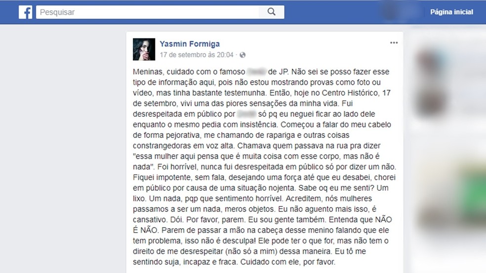 Denúncia feita por jovem após assédio no Centro Histórico de João Pessoa repercutiu nas redes sociais (Foto: Reprodução/Facebook.com/yasmin.formiga.39)