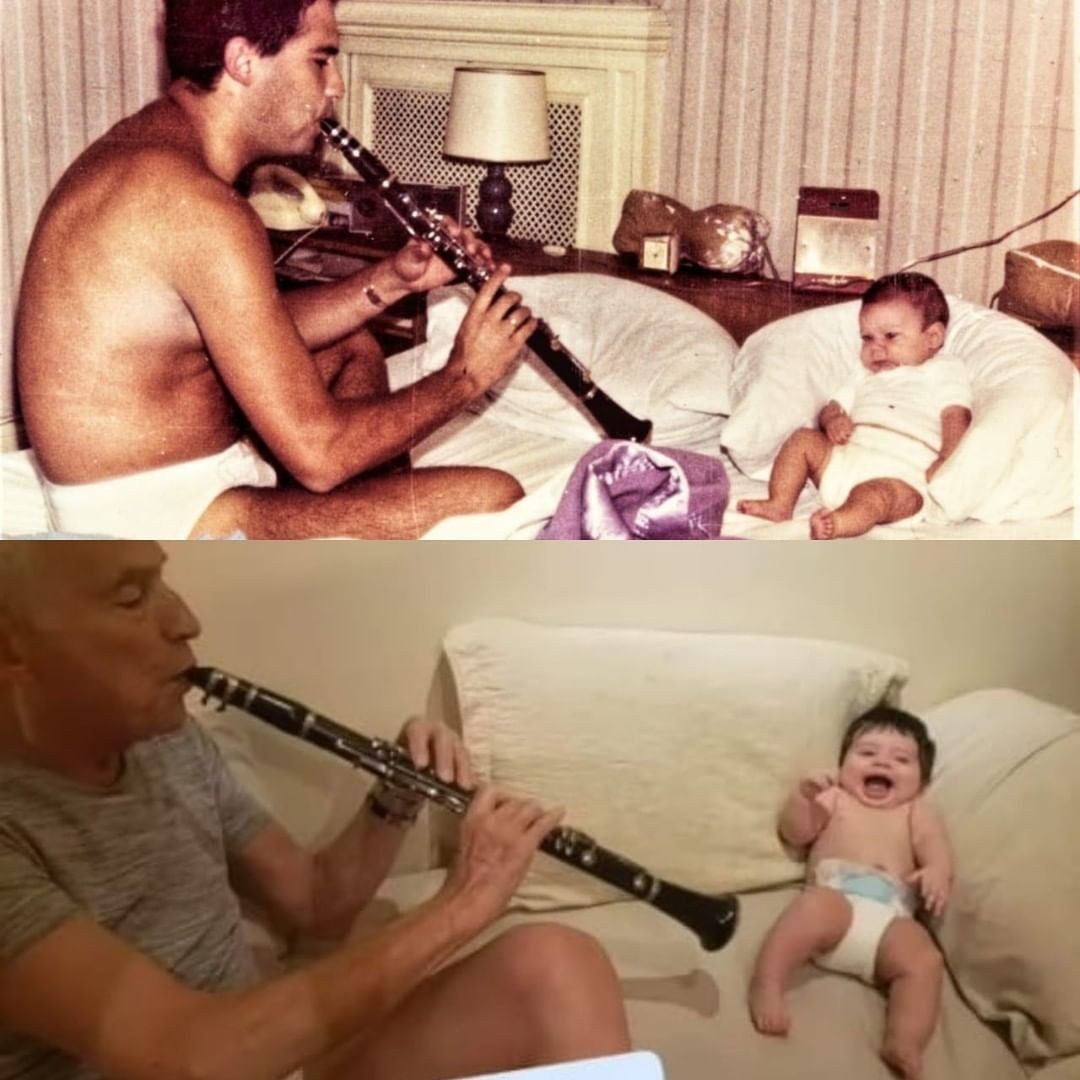 O nutricionista quando foi pai pela primeira vez, há cinquenta anos, e agora, com pequeno Emilio (Foto: Reprodução/ Instagram)