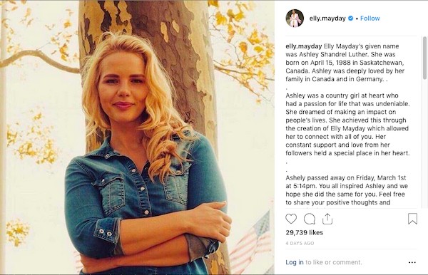 O post anuncinado a morte da modelo canadense Elly Mayday  (Foto: Instagram)