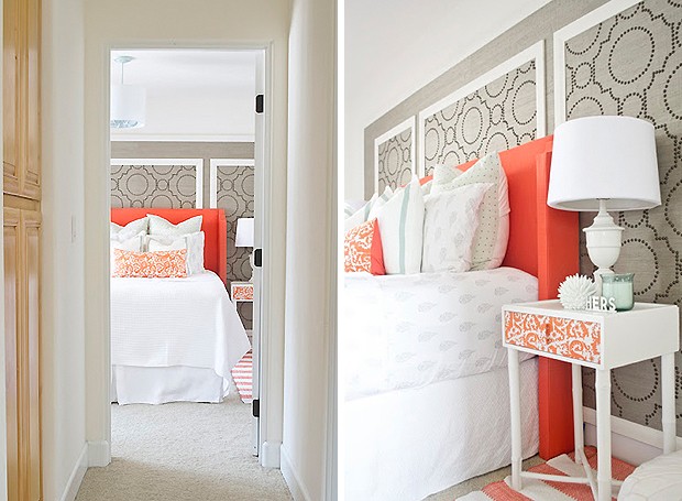 O quarto do casal tem base neutra e décor com toques de laranja, que deixam o espaço mais alegre e vibrante (Foto: Divulgação)