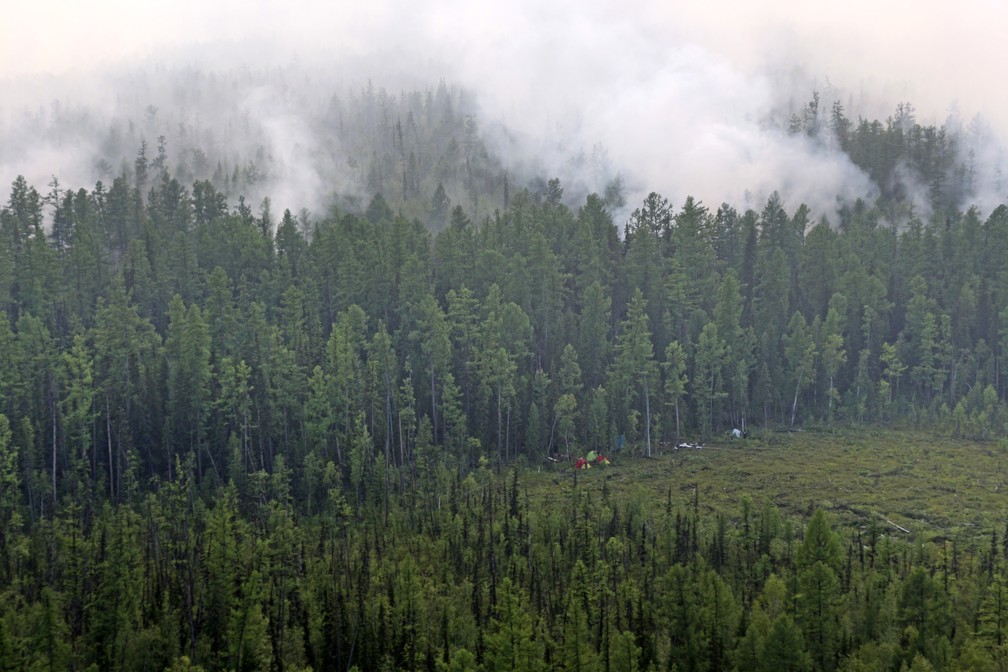 A foto, de 29 de julho, mostra o incêndio na floresta na região de Krasnoyarsk, no leste da Rússia. O fogo já atingiu 30 mil quilômetros quadrados na Sibéria e no leste russo. — Foto: Russian Federal Agency of Forestry via AP