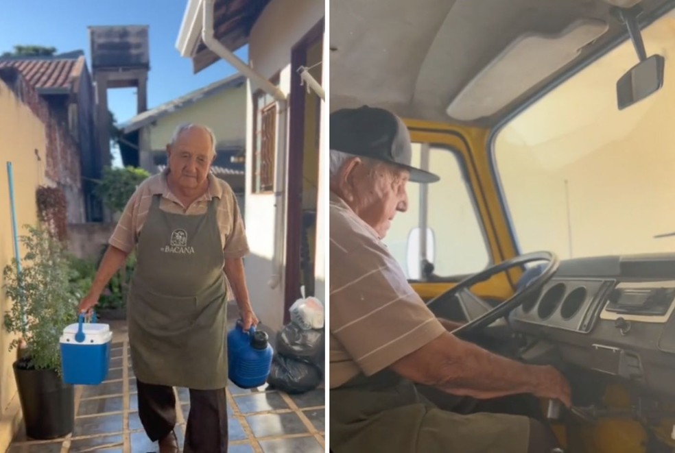 O idoso dirige ele mesmo a perua e tira e guarda todos os apetrechos de trabalho — Foto: TikTok / @senhoresbacanas / Reprodução