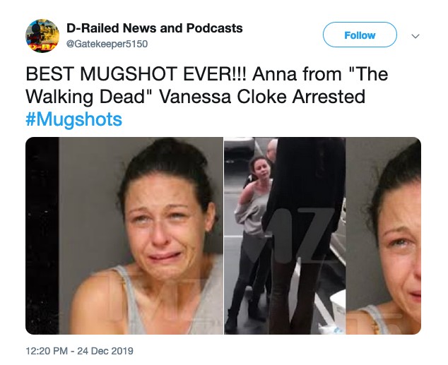 Um tuíte mostrando registros da atriz Vanessa Cloke após ser detida por policiais nos EUA (Foto: Twitter)