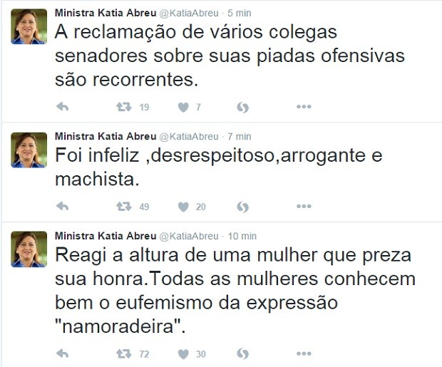 Tweets da ministra Kátia Abreu nesta quinta-feira (10/12) (Foto: Reprodução/ Twitter)