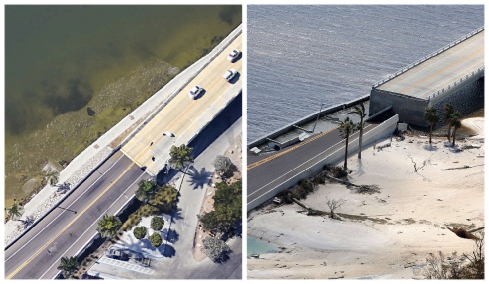 Ponte da Sanibel Causeway desmoronou parcialmente — Foto: Google Earth e Joe Raedle/AFP